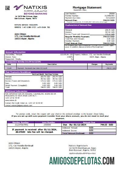 Argélia Natixis Algerie Bank Extrato de hipoteca Scr modelo